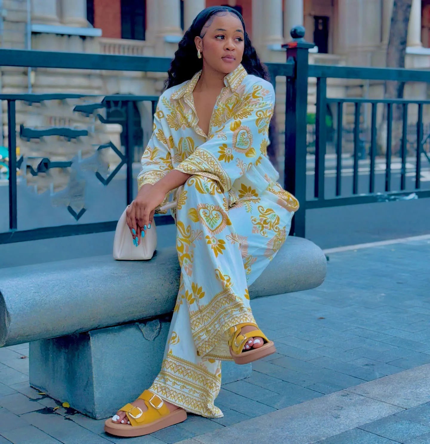 Women Two Pieces Pant Sets Printing Matching Sets Long Sleeves Button Turn Down Collar Top Elastic Waist Pants Loose 2025 Summer