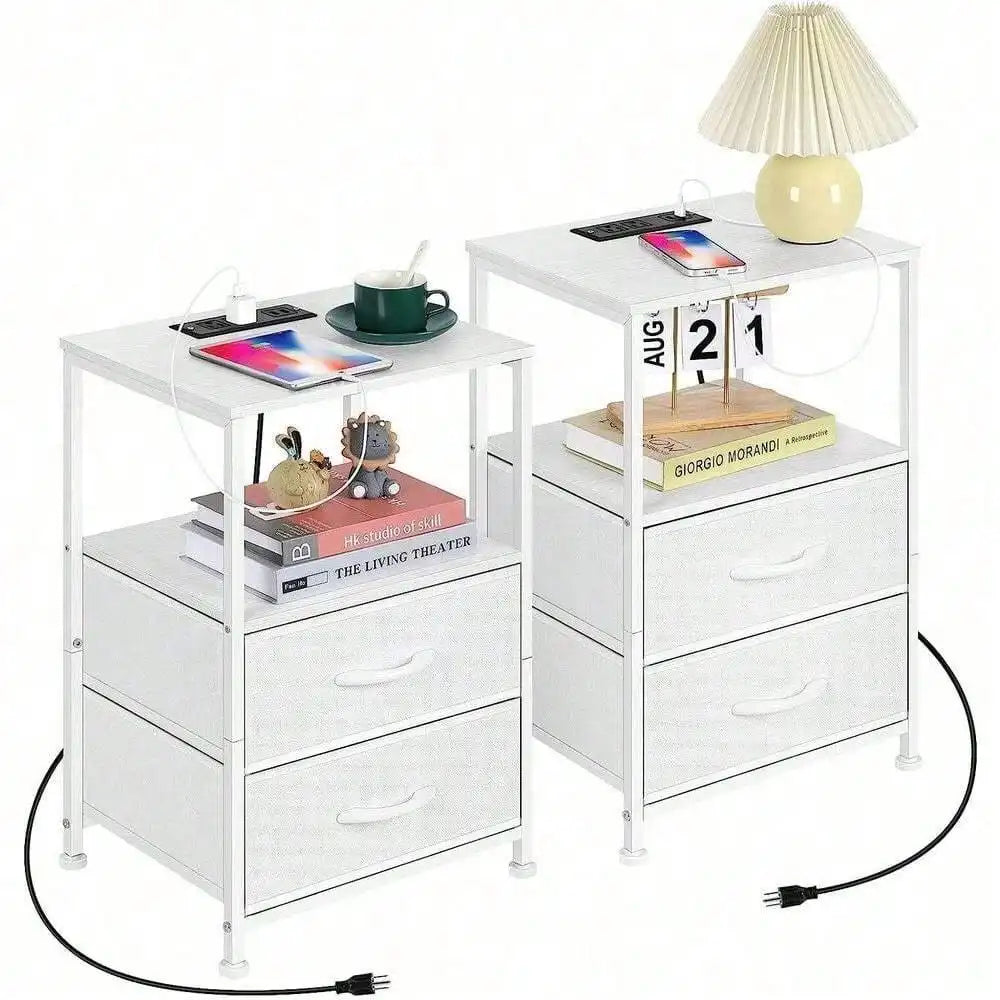 Bedroom Nightstand Set of 2 White End Table w/ Fabric Drawers & Charging Station