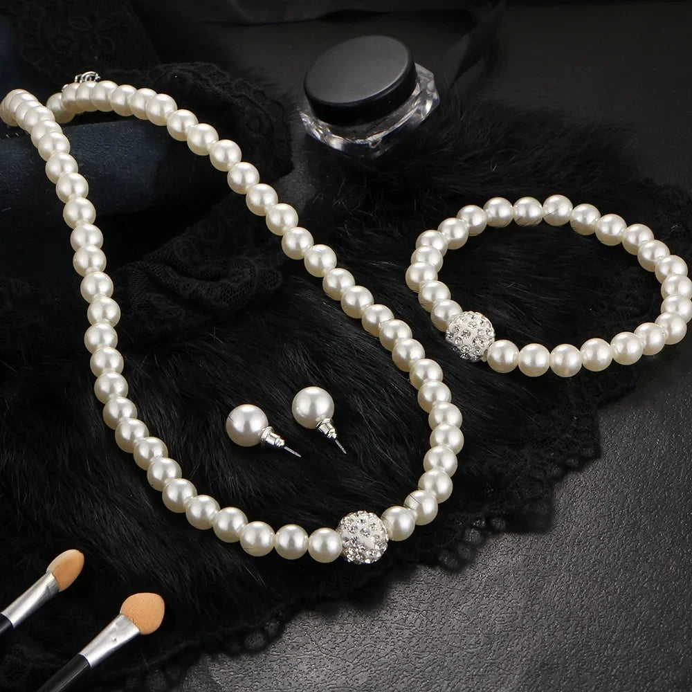 Set 3pcs Classic Trendy Pearl Crystal Necklace Bracelet Earring for Women Luxury Wedding Bride Set Jewelry Gifts