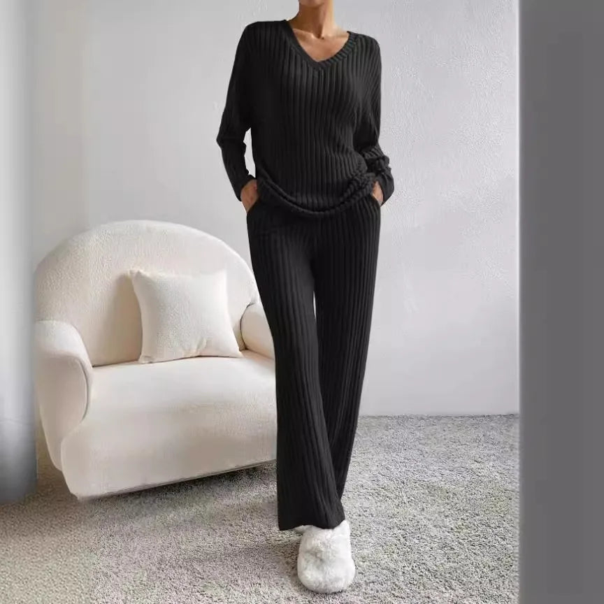 Solid Color Casual Loose Knitting Sets For Women Elegant Autumn Women's Two Pieces Suit Full Trouser Set Female Outfit Clothes