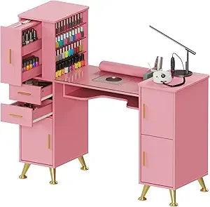 Manicure Table Nail Station w/Glass Top, Dust Collector, 4 Dust Bags, Storage Drawers & Cabinets, Nail Desk Beauty Salon Worksta