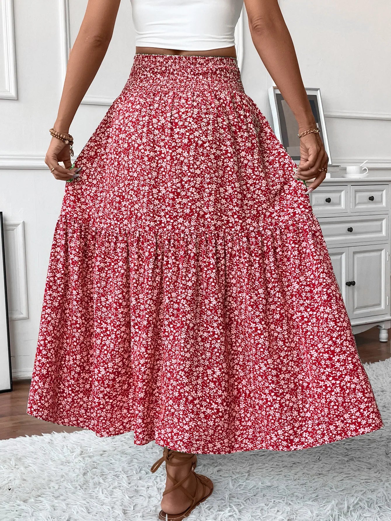 Women New Classic Printed Skirt Retro High Waist Long Skirt Casual Stylish Loose Beach Skirt Elegant Ladies Floral Pleated Skirt