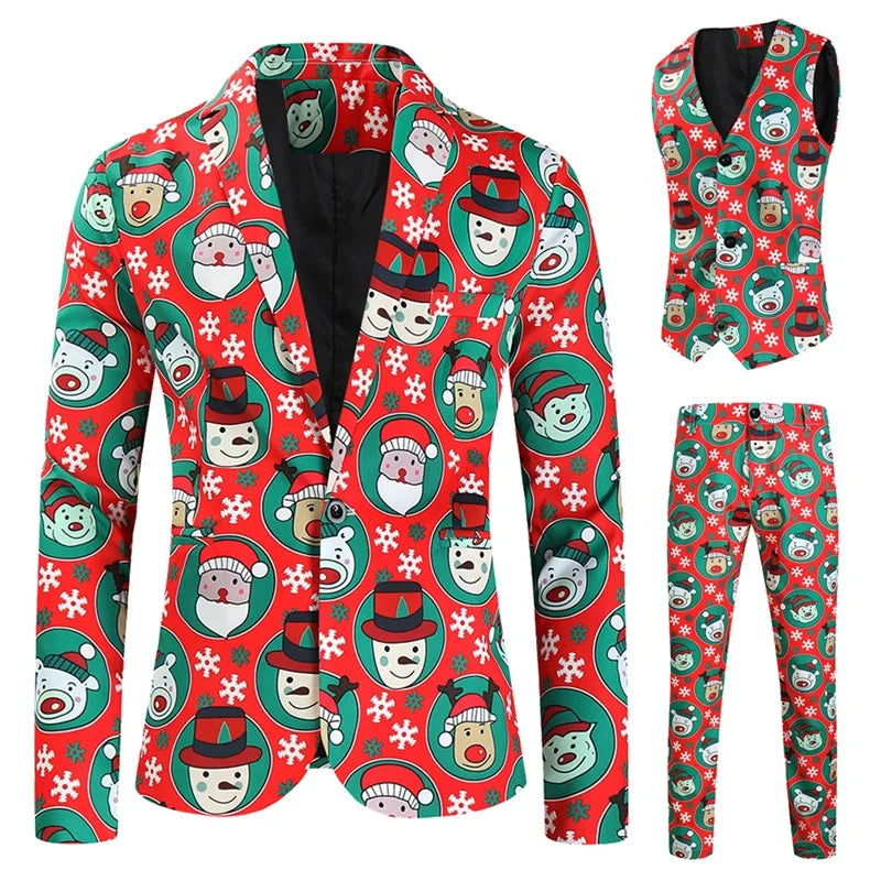 Men Christmas 3Pcs Suit Cartoon Print Long Sleeve Single Breasted Jacket with Vest Pants