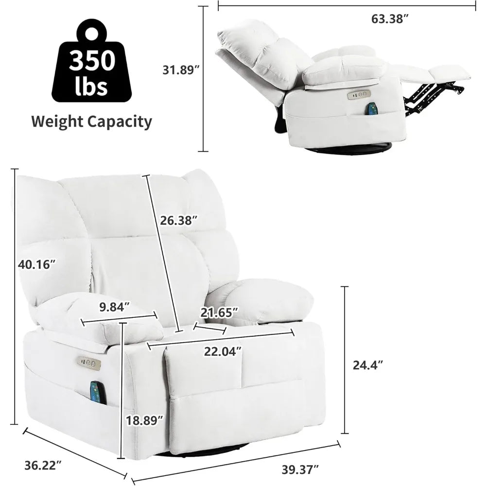 White Power Recliner Chair, Swivel Rocking Recliner Chairs for Adults with Massage and Heated, Soft Single Reclining Swivel Sof