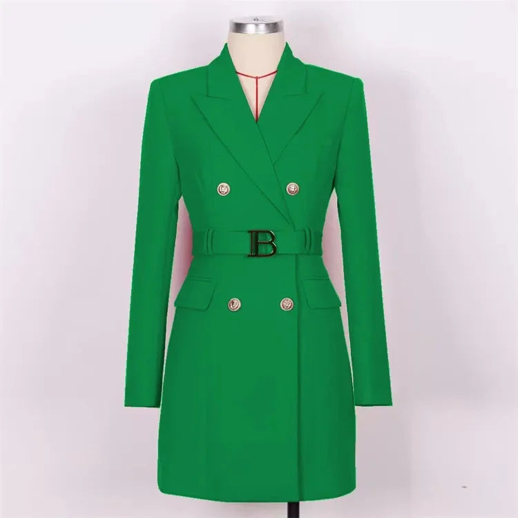 French Elegant Long Sleeve Suit Dress Waist-Cinching Short Size Professional Double-Buttoned Belted Coat