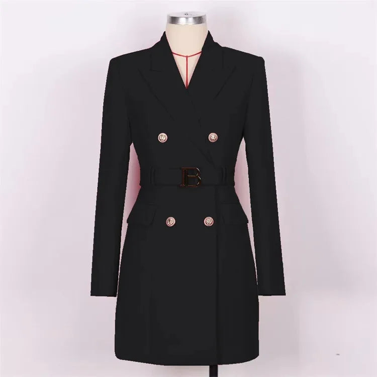 French Elegant Long Sleeve Suit Dress Waist-Cinching Short Size Professional Double-Buttoned Belted Coat