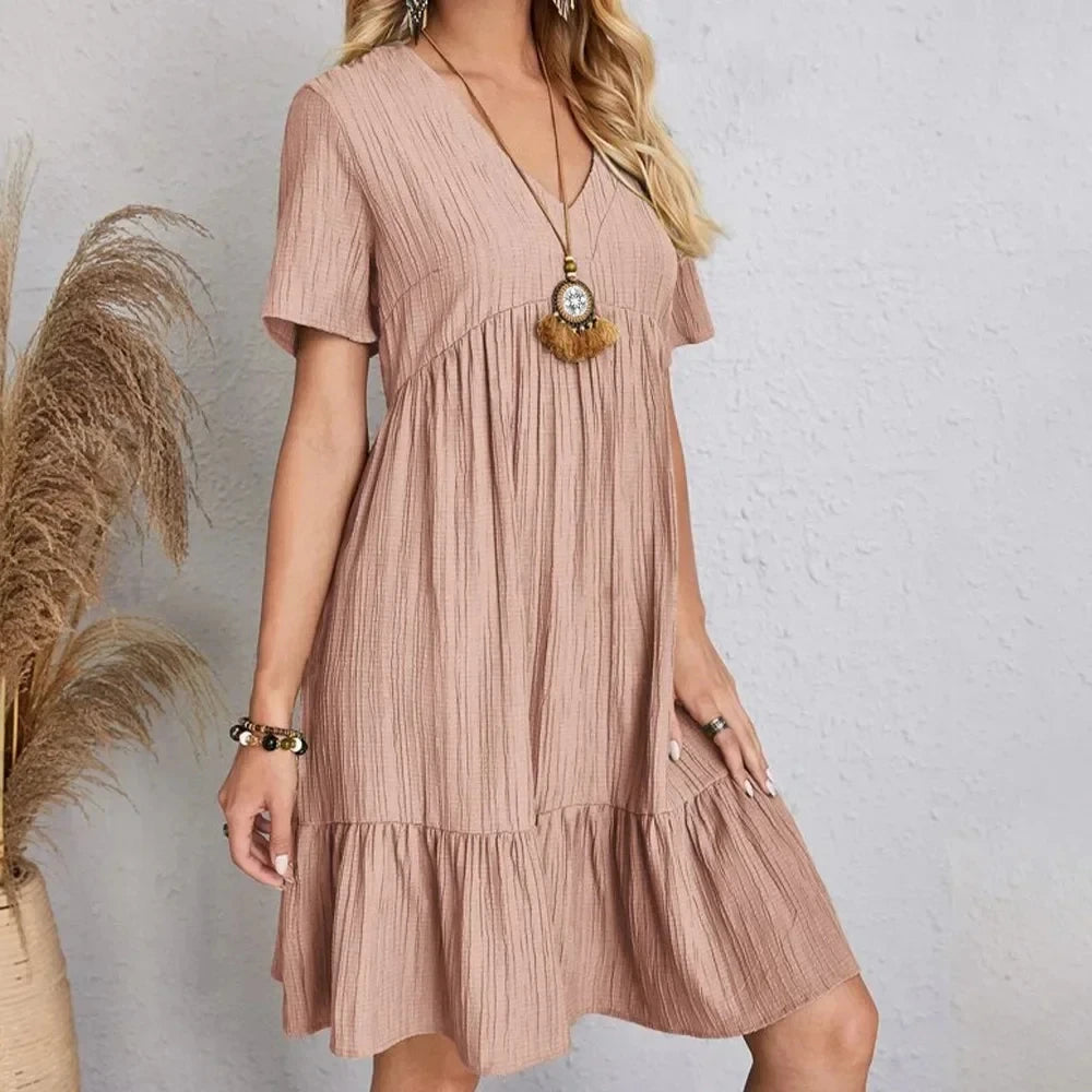 Women  Peplum Dresses Spring V-Neck Short Sleeve Loose Waist Ruffle Fit Flare Vocation Dresses