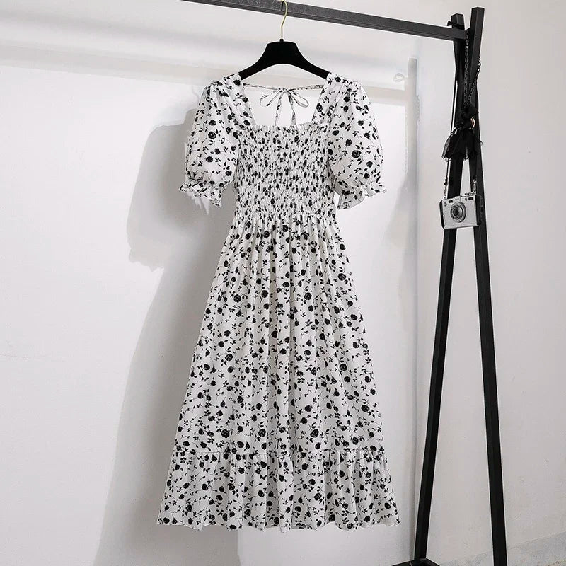 Spring Summer Chiffon Dresses Fashion Female Elastic Waist Short Sleeve Pleated Casual Dress Women A-line Dresses