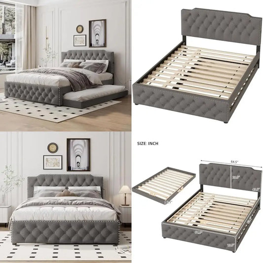 Queen Size Upholstered Platform Bed, Solid Wood Bedframe Linen Fabric with Twin Size Trundle and 2 Sets of USB Ports, Wooden Que