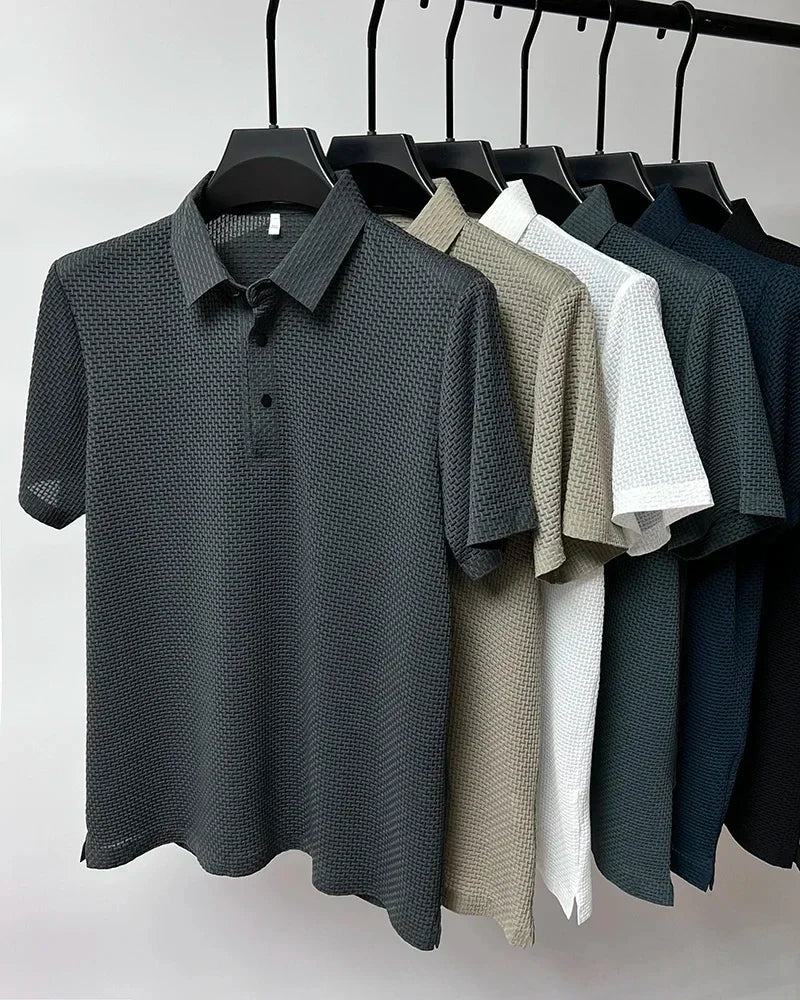 2025 Men's Casual Luxury Trend Ice Silk Quick-Dry Collarless Short-Sleeved Polo Shirt - Summer High-Quality Comfortable Breathab