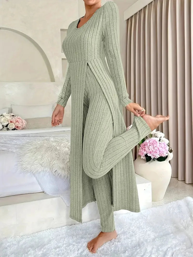 Autumn Casual Solid Set For Women Fashion O Neck Long Tops+High Waist Slim Pants 2 Piece Sets Lady Holiday Women's Clothing New