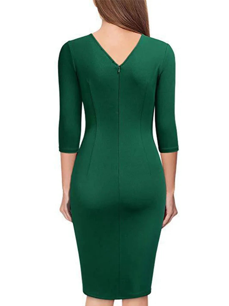 Office Lady Spring Dress V Neck Short Sleeve Dresses