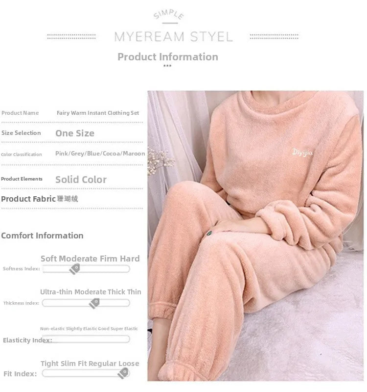 Warm Coral Fleece Pants Set Women's Loose Comfortable Home Wear Outerwear Versatile Lazy Girl Style Long Sleeve Cartoon Print