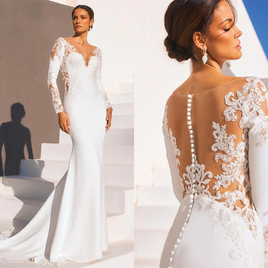 Customized Pure White Jersey Wedding Dress Delicate V-neck Long Sleeves Robe de mariée Classic Buttons Back Vestido De Novia