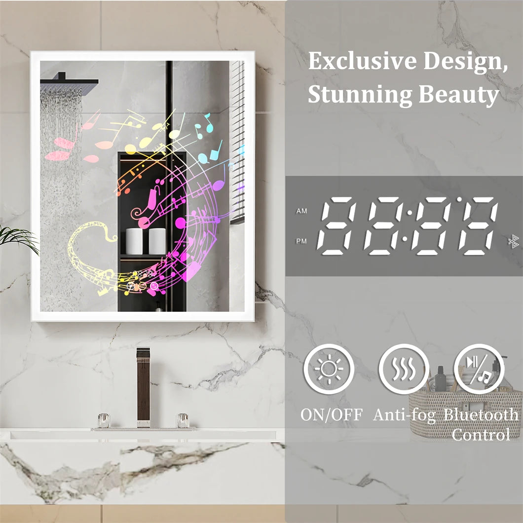 Bathroom Cabinet with Mirror Rectangle LED Lighted Mirror Wall Bathroom Medicine Cabinet w/ Bluetooth Speaker Aluminum Frame