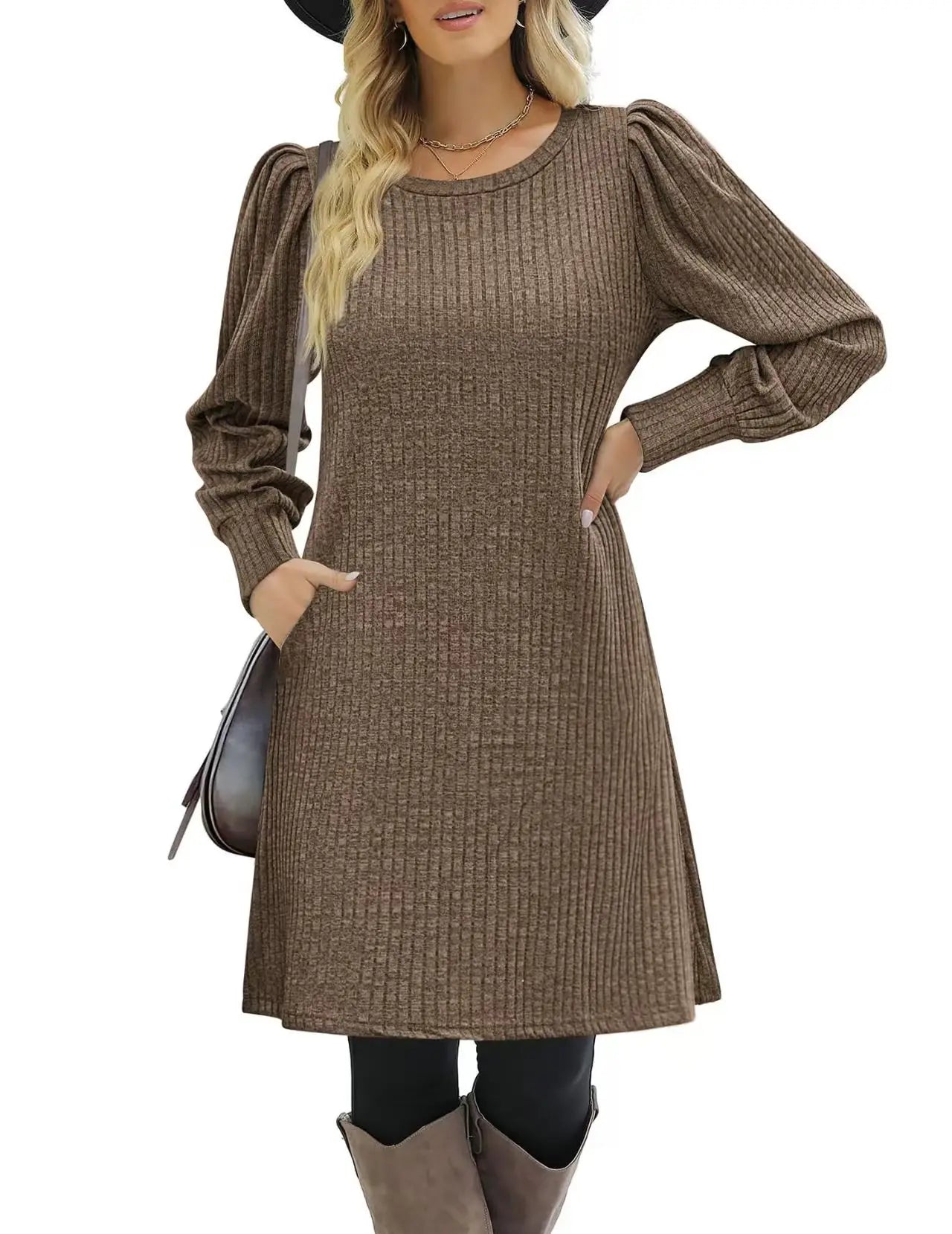 Fashionable women's knitted puffed-sleeve long-sleeved autumn and winter round-neck casual loose dress with pockets