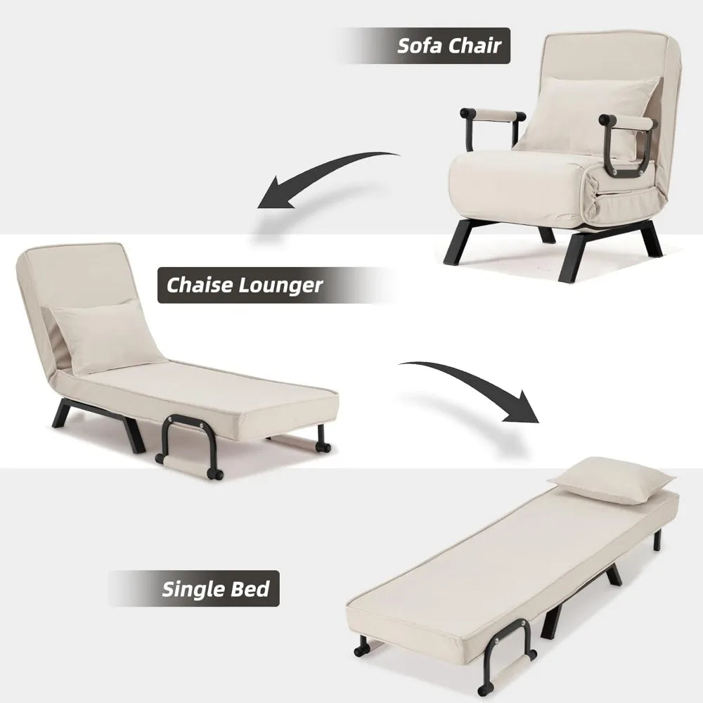 Convertible Bed Sleeper Chair,Tri-fold Upholstered Armchair Sleeper with Pillow,Folding Leisure Chaise Lounge Couch with 6 Angle