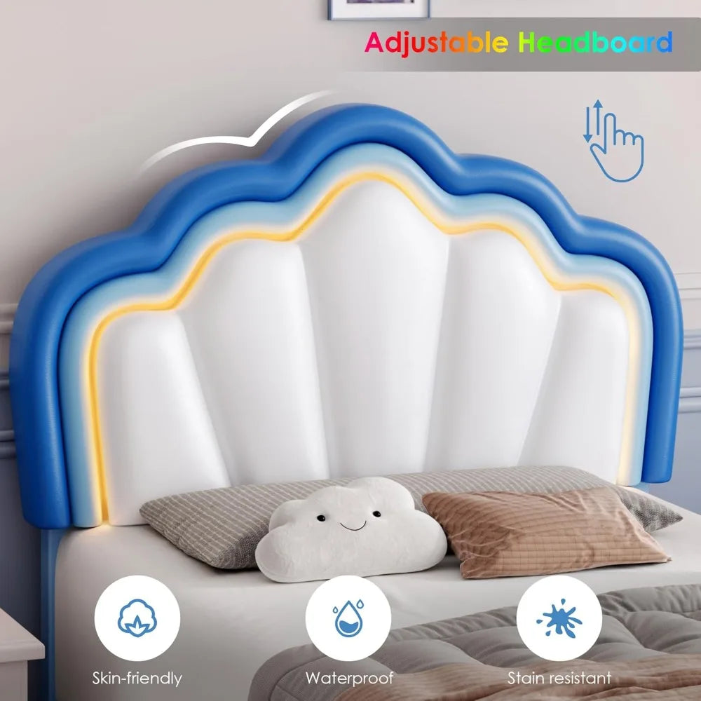 HOSTACK Twin Upholstered LED Bed Frame with Storage Drawers, Cute Boys Bed with Adjustable Lotus Headboard, Faux Leather Platfor