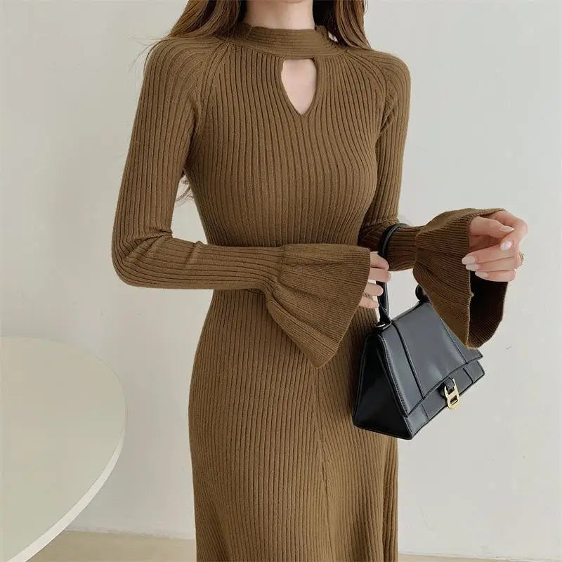 Elegant V-Neck Knitted Dress Slimming Long Skirt High Waist Bell Sleeve Unique Design Autumn Winter Women's Fashion Dress