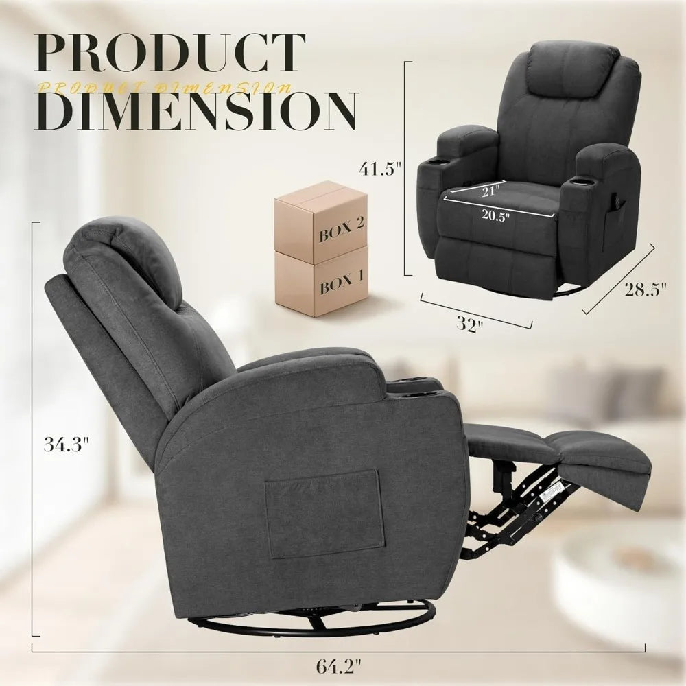 Recliner Chair, 360° Swivel Rocker Chair for Adults, Rocking Recliner Chair with Massage, Comfy Single Sofa with Side Pockets Cu