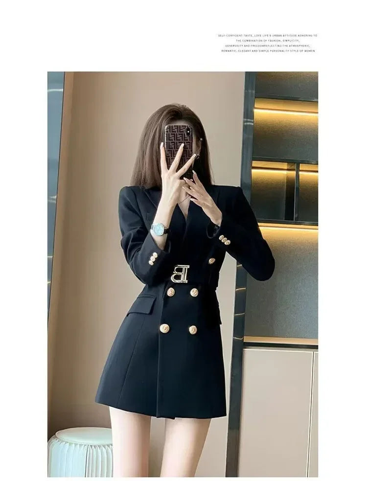 French Elegant Long Sleeve Suit Dress Waist-Cinching Short Size Professional Double-Buttoned Belted Coat