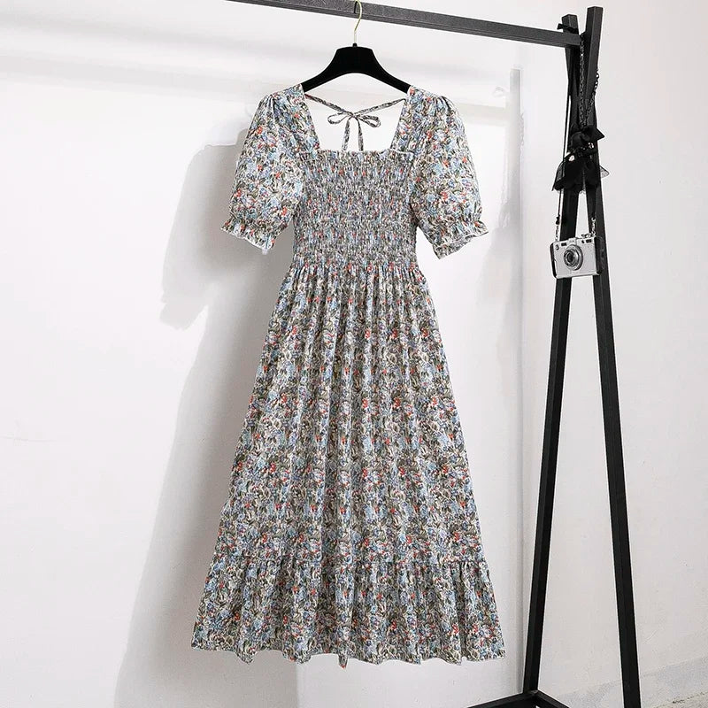 Spring Summer Chiffon Dresses Fashion Female Elastic Waist Short Sleeve Pleated Casual Dress Women A-line Dresses