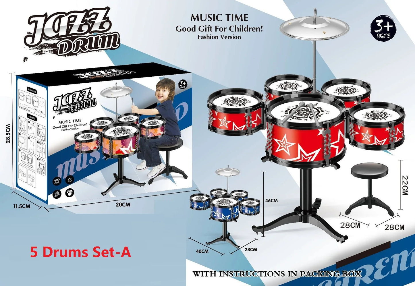 Jazz Drum Set for Kids 3 Drums / 5 Drums with Small Stool Drum Stick Set Music Instrument Educational Toys for Beginners Gifts