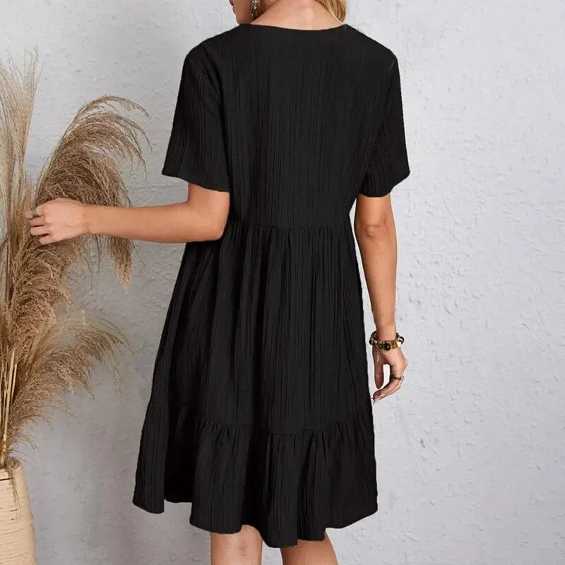 Women  Peplum Dresses Spring V-Neck Short Sleeve Loose Waist Ruffle Fit Flare Vocation Dresses