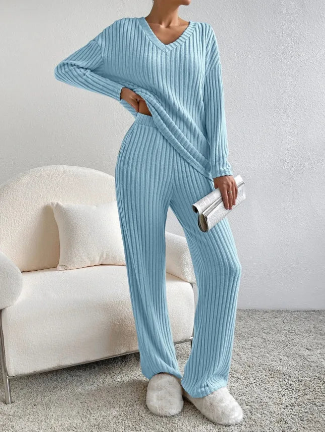 Solid Color Casual Loose Knitting Sets For Women Elegant Autumn Women's Two Pieces Suit Full Trouser Set Female Outfit Clothes