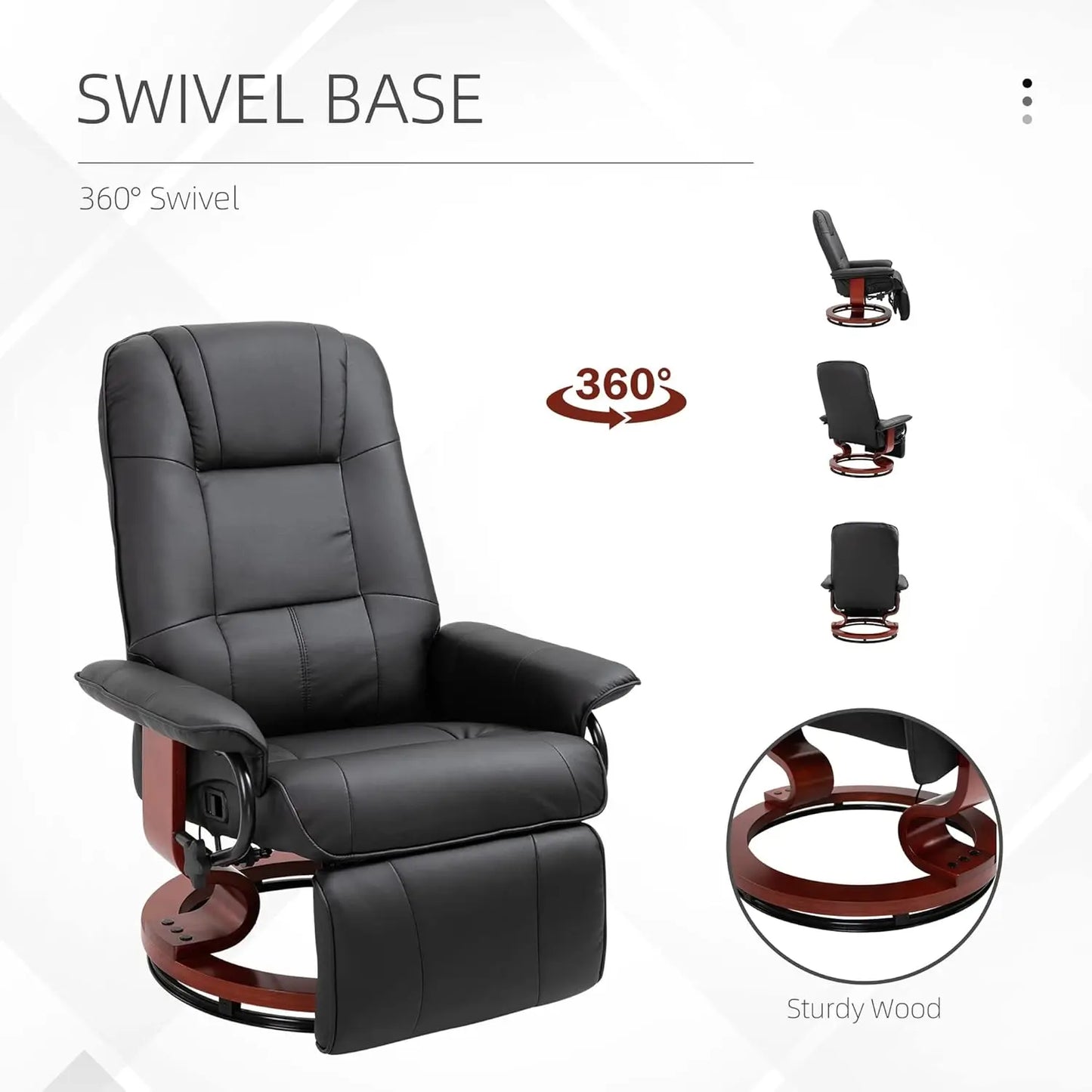 Faux Leather Manual Recliner, Adjustable Swivel Lounge Chair with Footrest, Armrest and Wrapped Wood Base for Living Room, Black