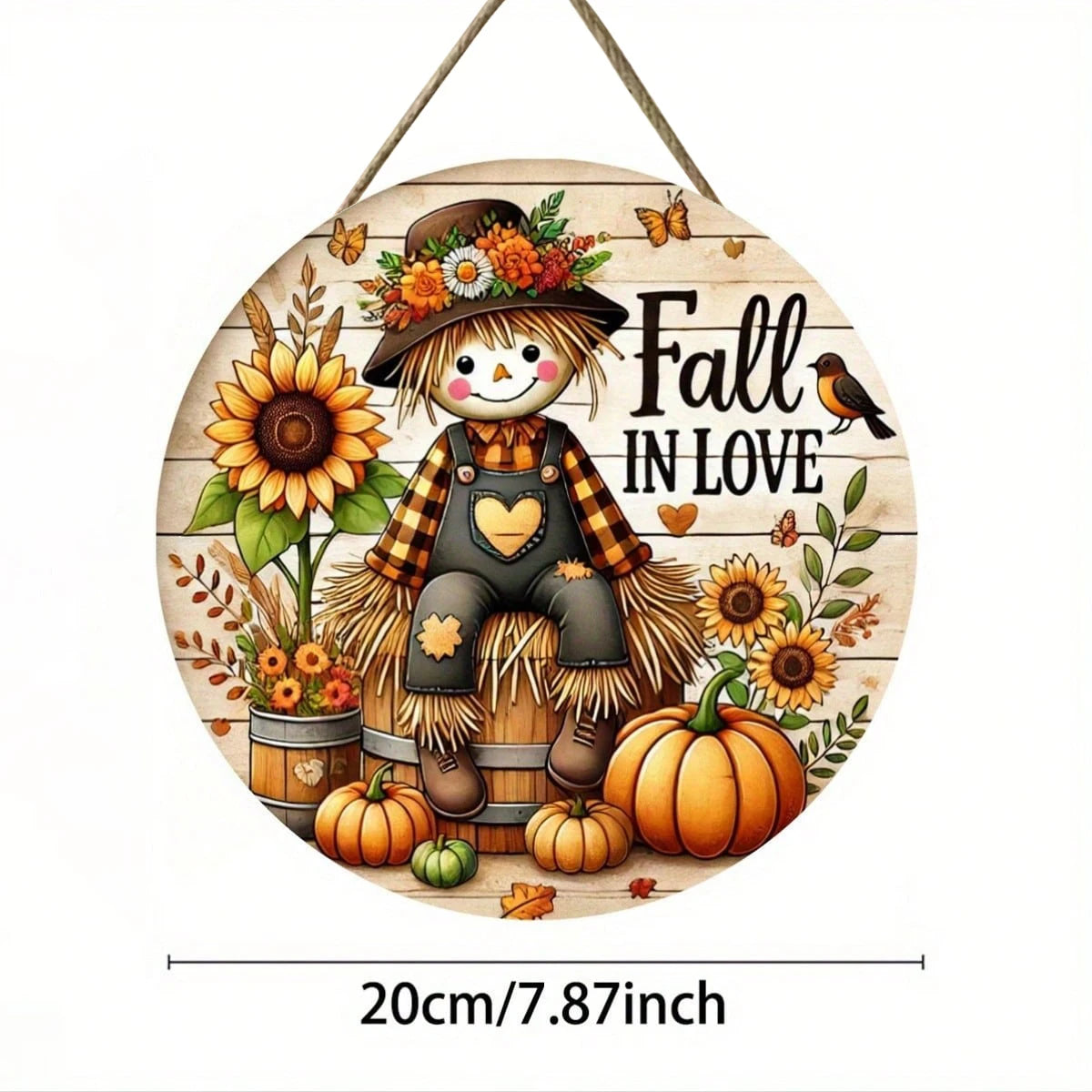 Rustic Fall Harvest Round wooden board Sign, 2D Pumpkin & Scarecrow Themed Decor, Wall, Home, Room, Garage, Garden, Cafe Decor
