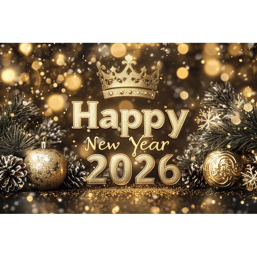 Happy New Year 2026 Photography Backdrop Luxury Golden Glitter Balloon Crown Family Portrait Celebration Shoot Decor Backgrounds