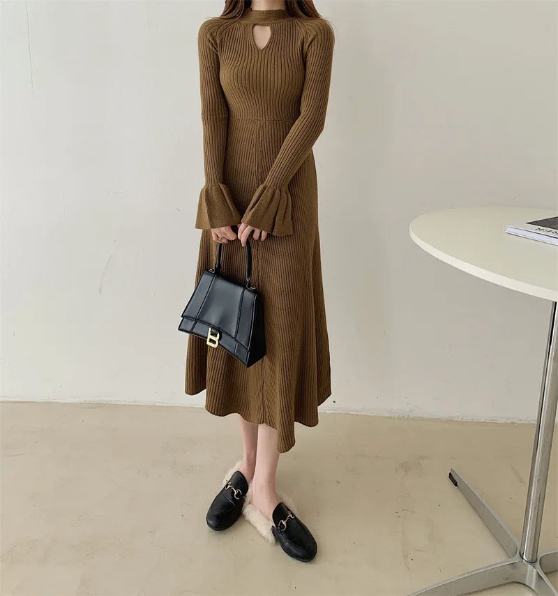 Elegant V-Neck Knitted Dress Slimming Long Skirt High Waist Bell Sleeve Unique Design Autumn Winter Women's Fashion Dress