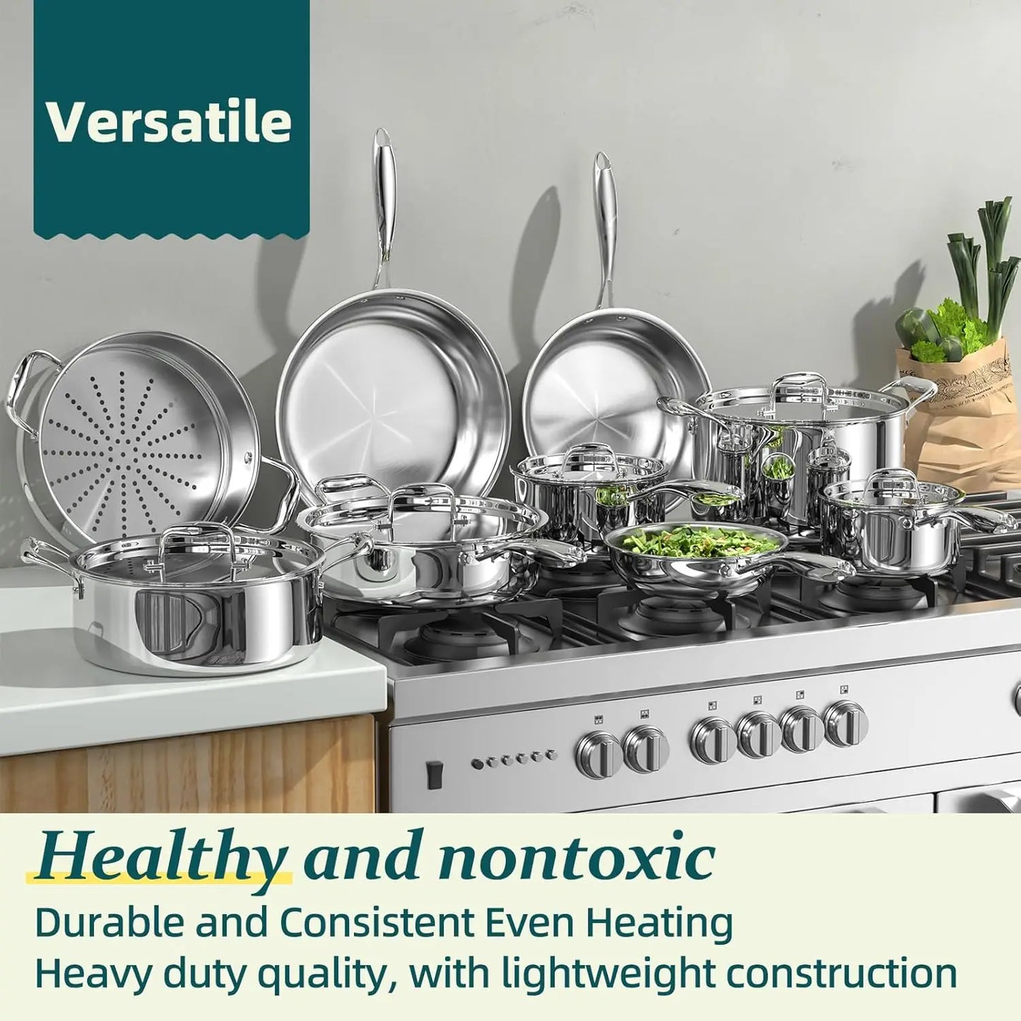 Stainless Steel Cookware Set, 5 Ply 14 Piece Stainless Steel Pot and Pan Set-Induction, Heavy Chef Quality, Oven Safe | Professi