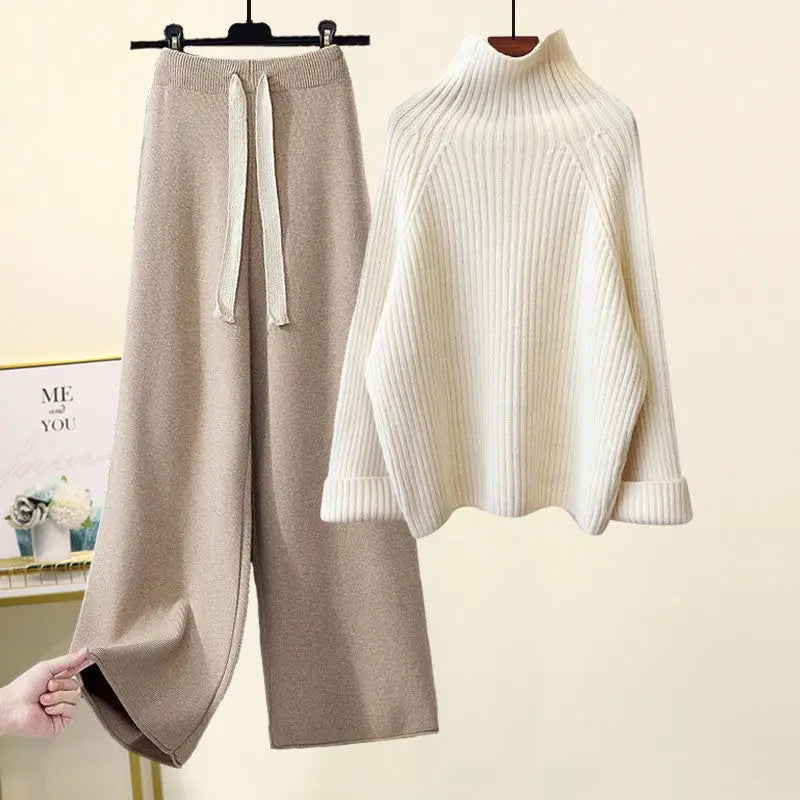 Plus Size Autumn Winter Women's Set New Lazy Style Sweater And Slimming Casual Pants Two Piece Set Trendy Elastic Knitted Fabric