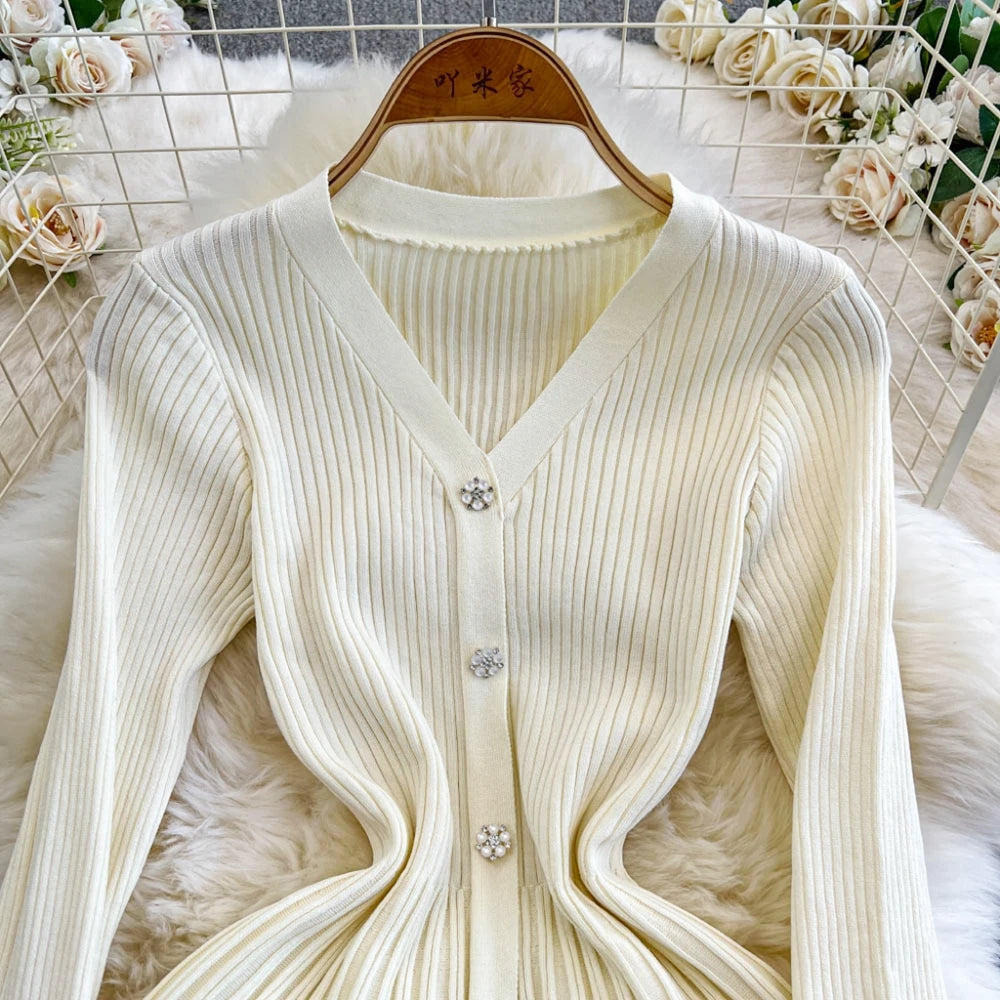 YuooMuoo Autumn Winter Women Knitted Long Dress Brand Fashion V-neck Slim Waist Pleated Sweater Dress Lady Office