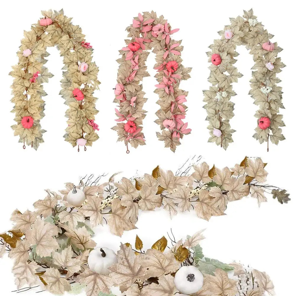 Fall Garland Autumn Maples Leaf Pumpkin Berry Garland Thanksgiving Halloween Home Mantle Fireplace Decorations Hanging Supplies
