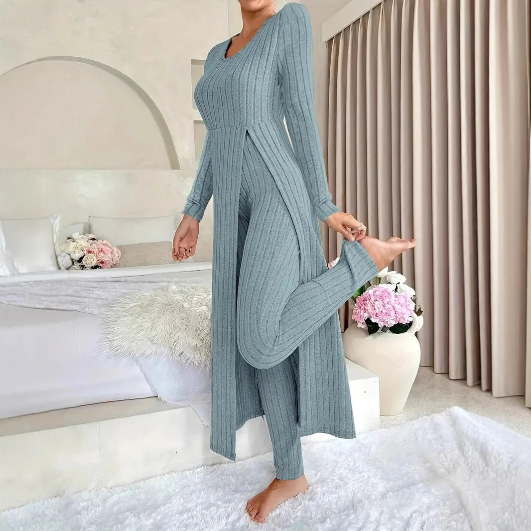 Autumn Casual Solid Set For Women Fashion O Neck Long Tops+High Waist Slim Pants 2 Piece Sets Lady Holiday Women's Clothing New