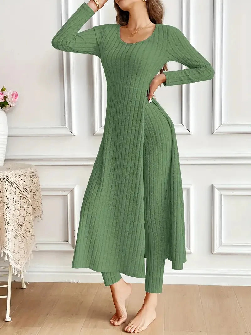Autumn Casual Solid Set For Women Fashion O Neck Long Tops+High Waist Slim Pants 2 Piece Sets Lady Holiday Women's Clothing New