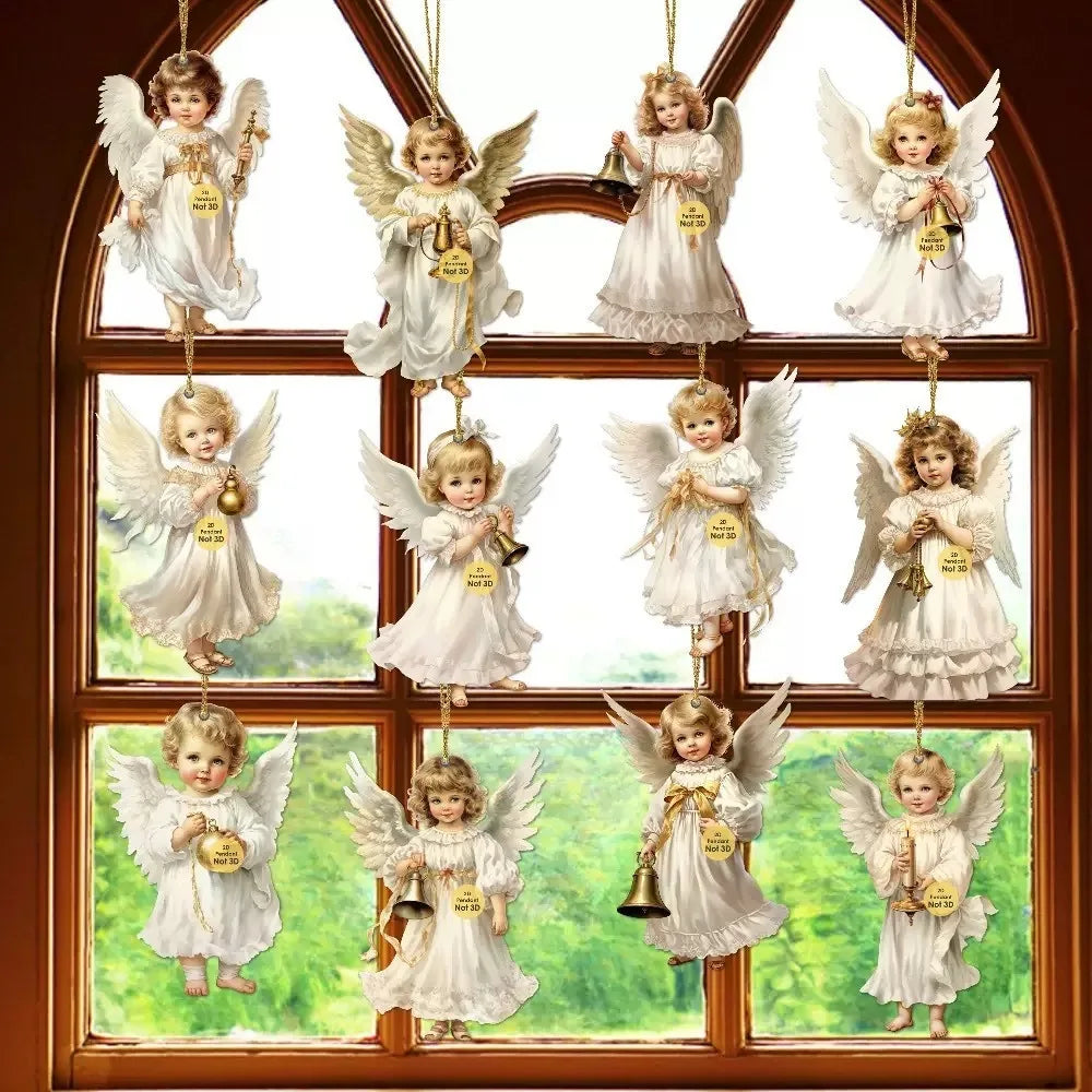 Christmas Retro Angel Girl Wooden Flat Pendants Xmas Tree Hanging Ornaments