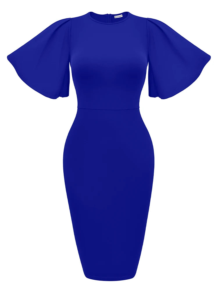 New 2023 Crew Neck Half Sleeve Hips-Wrapped Slim Fit Party Women Midi Dress Autumn Official Dresses For Ladies