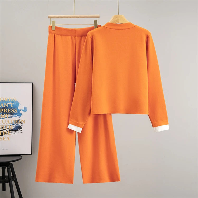2025 Autumn  Casual Women's Knitted Pants Set V-neck Long Sleeved Single Breasted Knitted  Cardigan Wide Leg Pants Two Piece Set