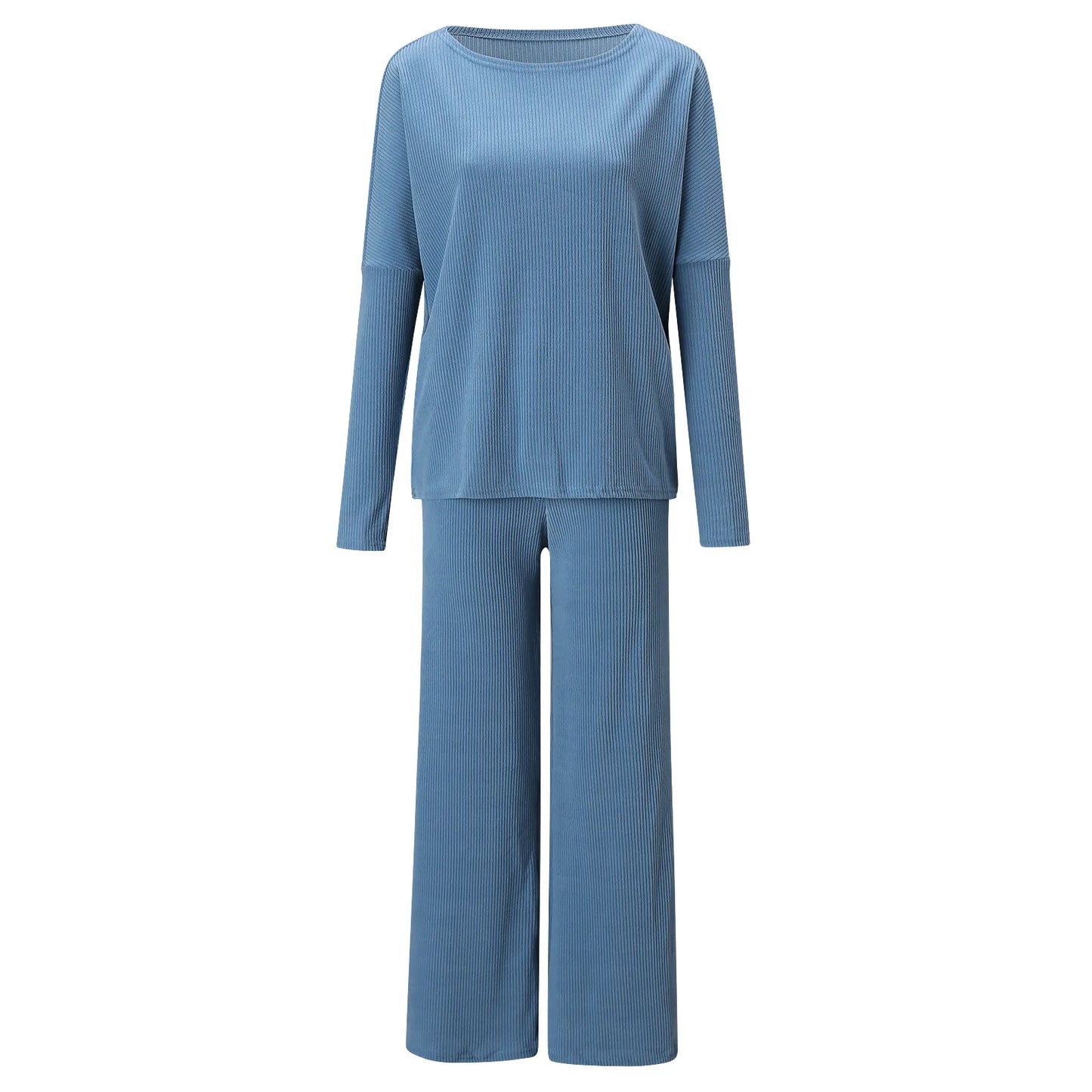 New Women's 2pcs Clothes Set Solid Color Round Neck Long Sleeve Casual Top & Loose Wide Leg Pants Home Wear