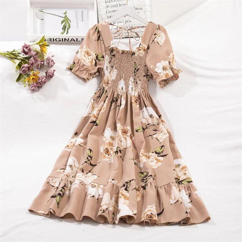 Spring Summer Chiffon Dresses Fashion Female Elastic Waist Short Sleeve Pleated Casual Dress Women A-line Dresses