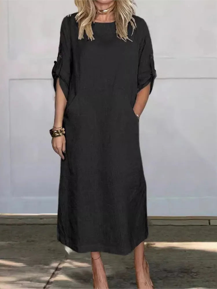 New Women's Clothing  Loose Casual Solid Color Short Sleeved Cotton Linen Fashionable Button With Pocket Dress