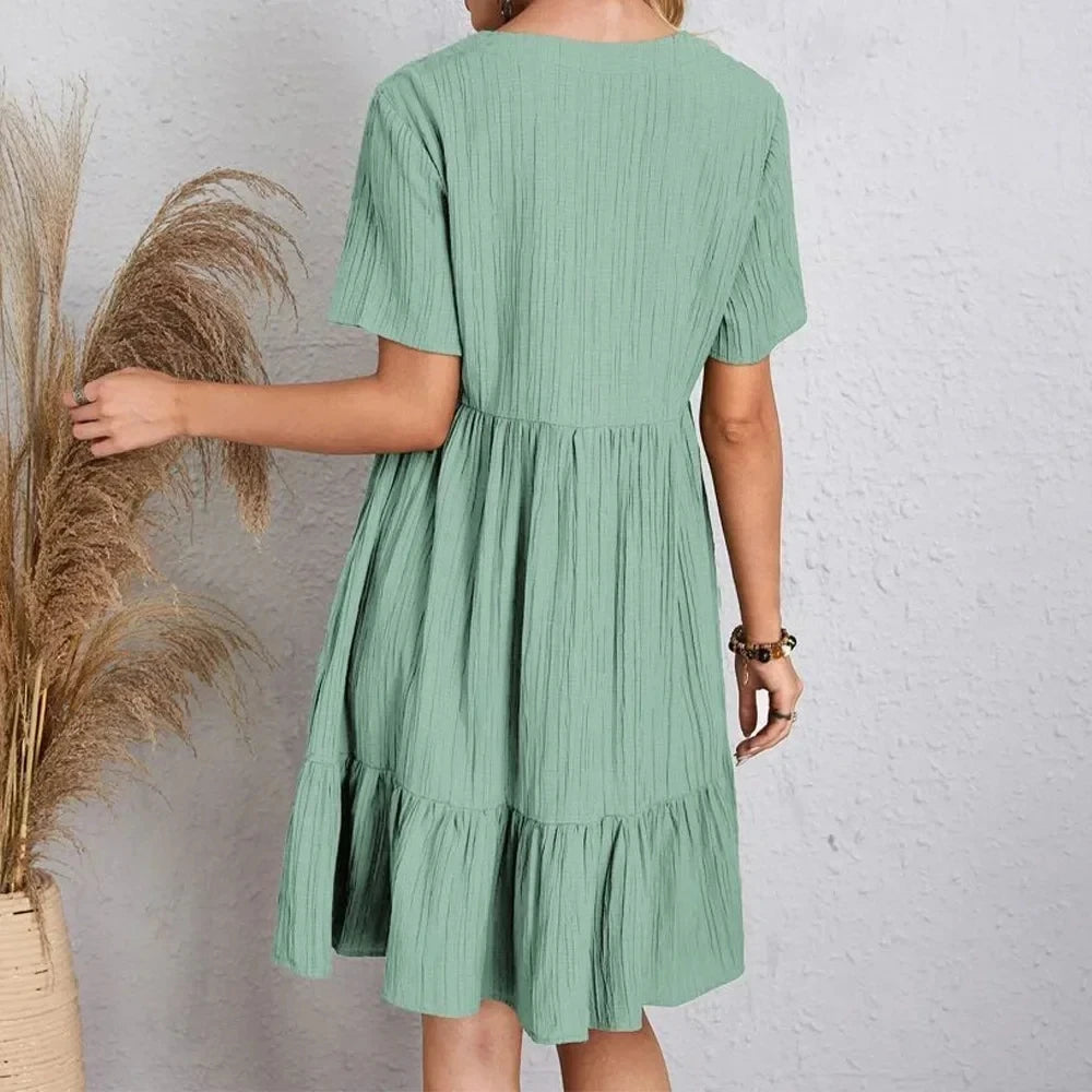 Women  Peplum Dresses Spring V-Neck Short Sleeve Loose Waist Ruffle Fit Flare Vocation Dresses