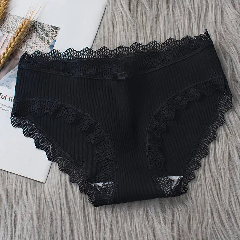 4 Pcs Lace Wavy Trim Bikini Panties, Comfy & Breathable Elastic Intimates Panties, Women's Lingerie & Underwear