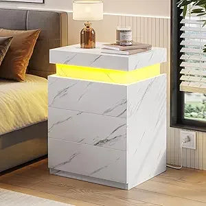 Nightstand with Charging Station and LED Lights, Led Nightstand with Sliding Top, Bedside Table with Drawers, Modern End Table S