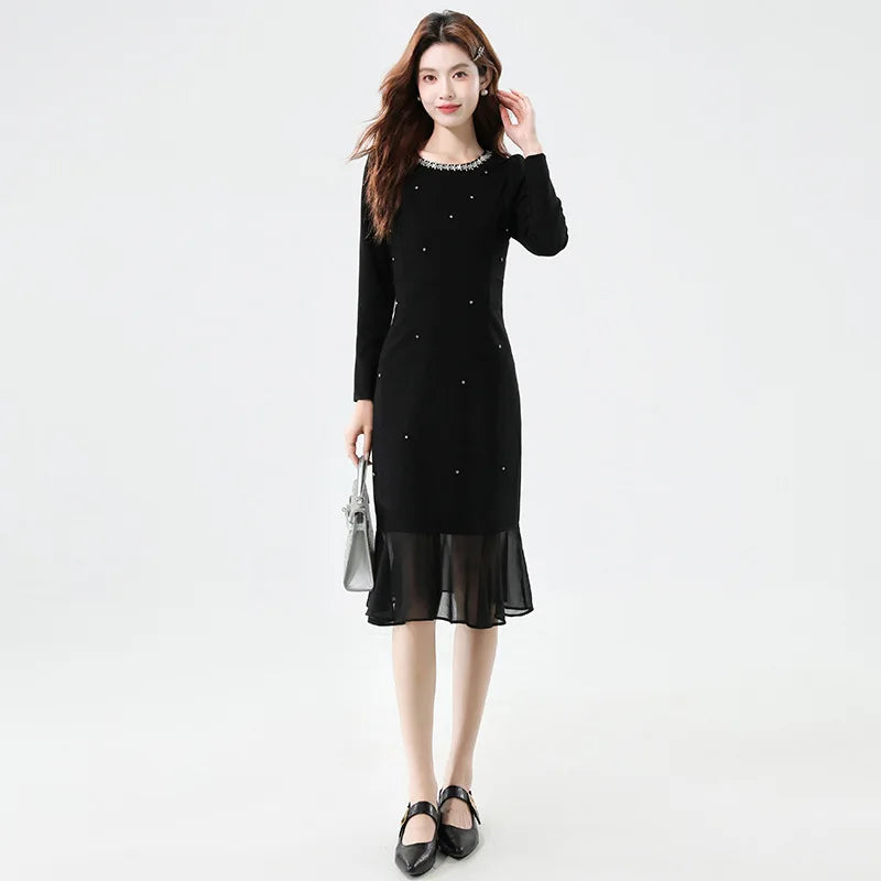 Fall Fashion Heavy Duty Rhinestone Splice Slimming Chiffon Mermaid Dress