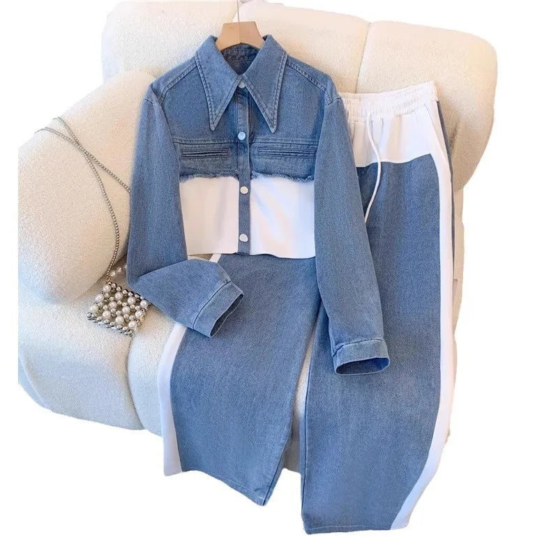 Two Piece Sets Women Pant Set Denim Splice Matching